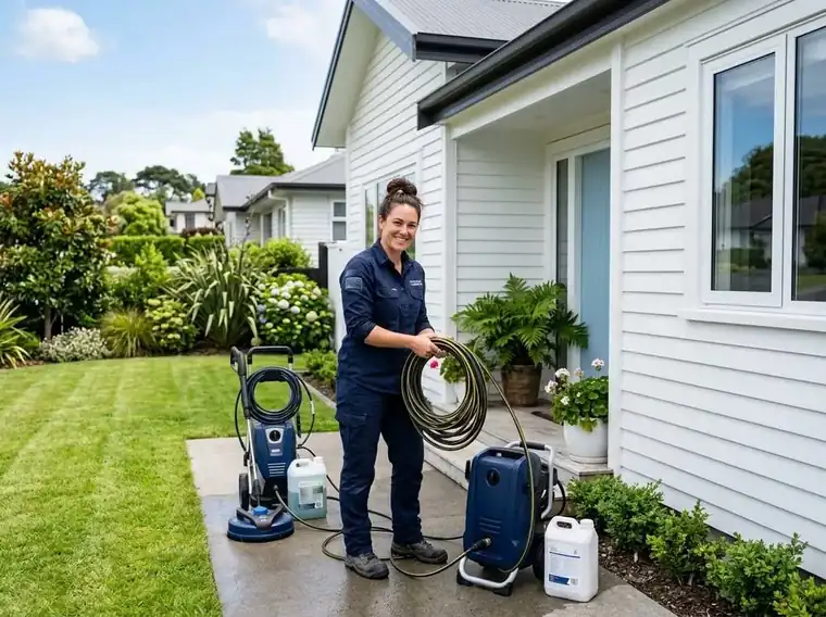 Hydro Clean technician after soft washing an Auckland home