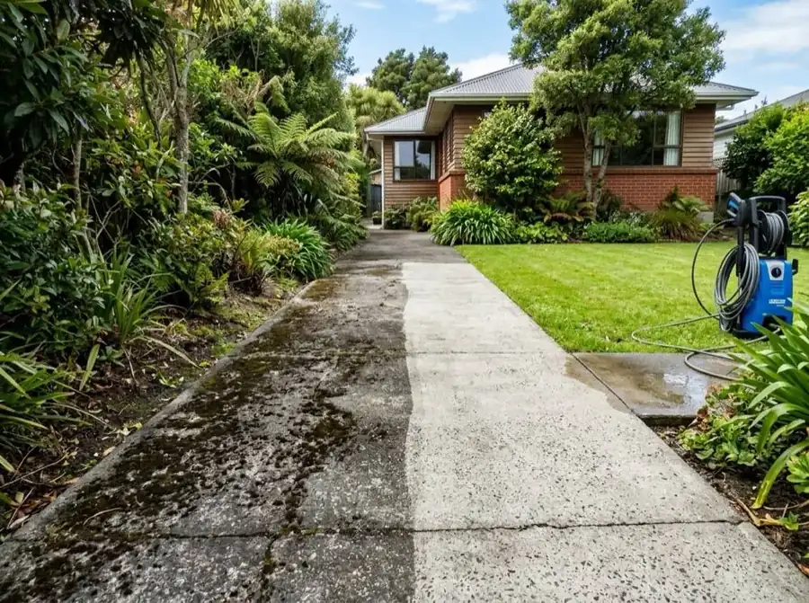 Concrete path half-cleaned by Hydro Clean showing before and after