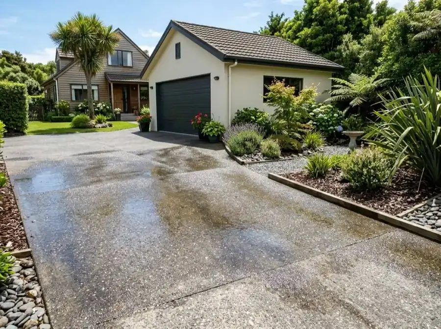 Clean concrete driveway after Hydro Clean water blasting