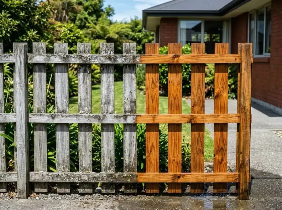 Timber fence half-cleaned by Hydro Clean showing restored colour