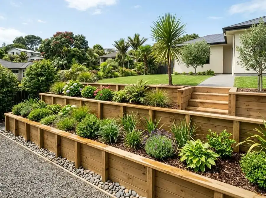 Timber retaining wall cleaned by Hydro Clean