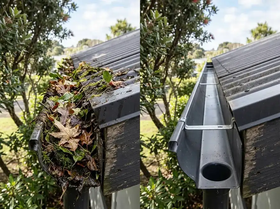 Gutter cleared of leaves and debris by Hydro Clean