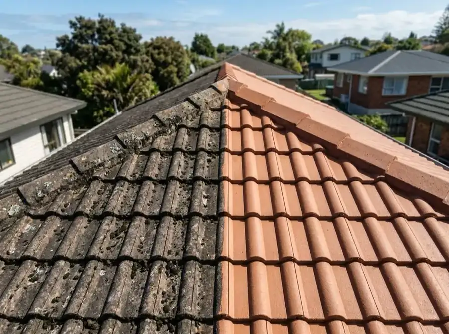Tile roof half-cleaned showing before and after by Hydro Clean