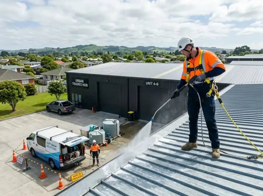 Commercial metal roof being washed by Hydro Clean