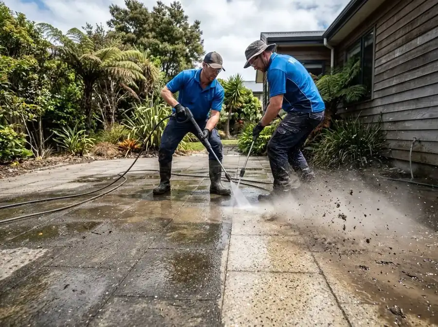 Paved patio area water blasted by Hydro Clean